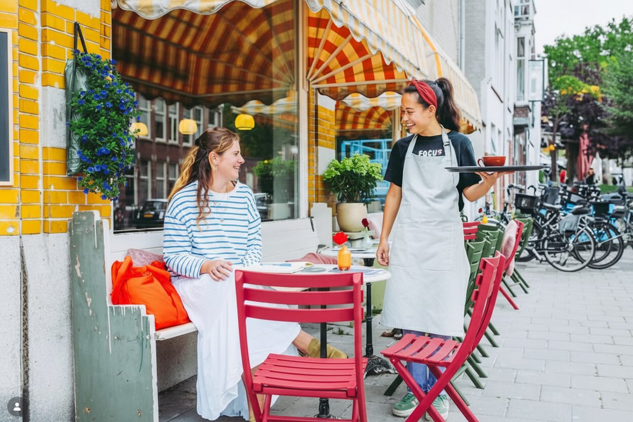 Gasten met koffie op het zonnige terras van Struis Groningen