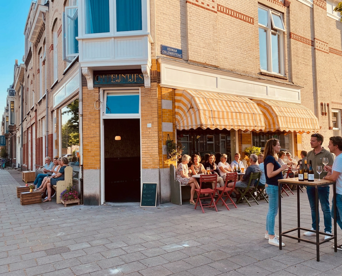 Zonnig terras met wijn en aperol spritz op tafel